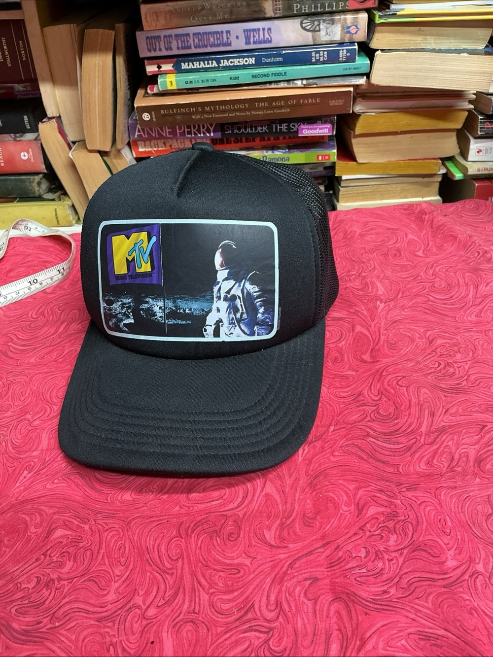 MTV Black Mesh Trucker Hat with Yellow & Blue Logo and Astronaut Patch